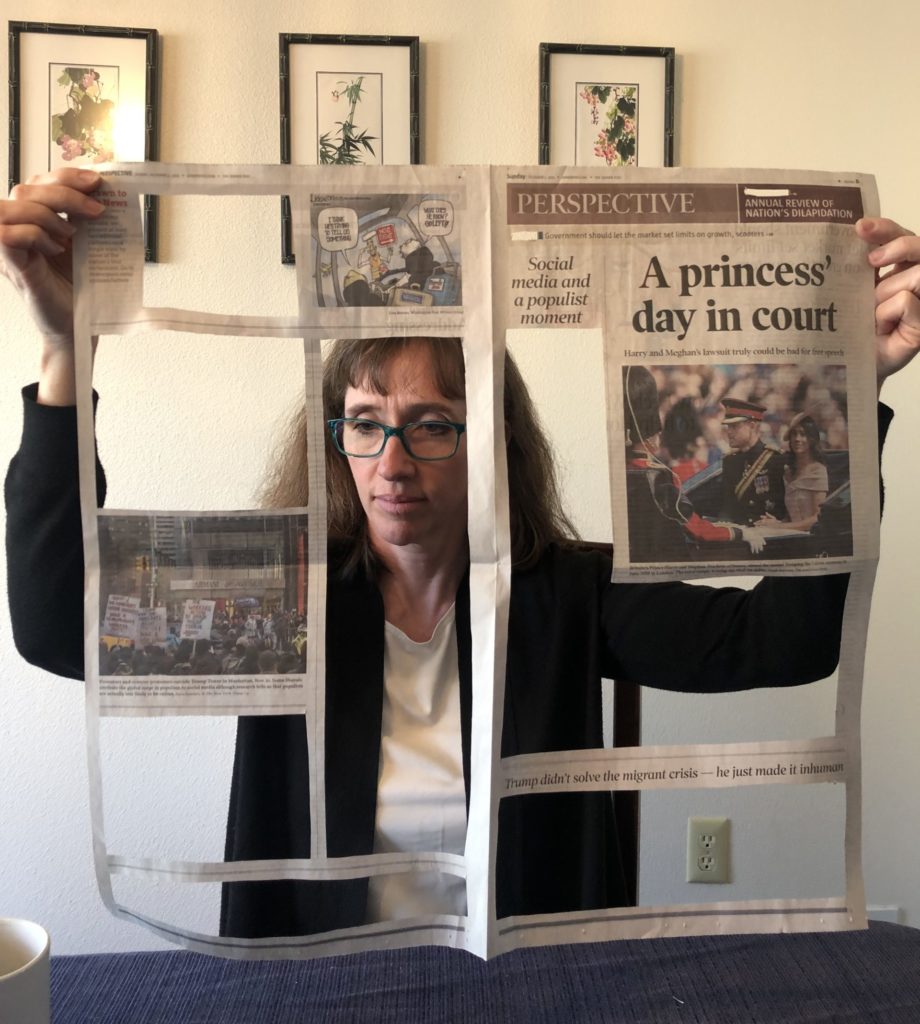 Woman reading a Denver Post opinion page, out of which the text of male writers has been cut, leaving many empty spaces.
